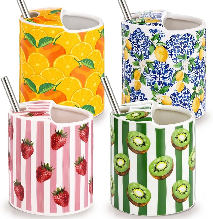 4 Pack Fruit Ceramic Coffee Mug with Sip Hole 10 Oz Espresso Cup with Straws Retro Hand Painted Fruit Porcelain Coffee Tea Cup Cappuccino Latte Mug for Kitchen Dining Travel by Unknown