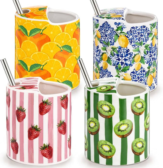4 Pack Fruit Ceramic Coffee Mug with Sip Hole 10 Oz Espresso Cup with Straws Retro Hand Painted Fruit Porcelain Coffee Tea Cup Cappuccino Latte Mug for Kitchen Dining Travel by Unknown