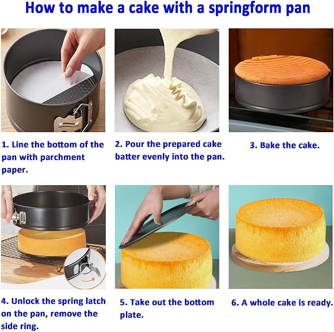 Springform Cake Pan Set with Cake Decorating Kit, Non-stick Leakproof Round Cake Pans of 4, 7, 9 Inches, 12 Pcs Parchment, 3 Cake Scrapers, Resuable Piping Bag, Coupler and Tips - Image 5