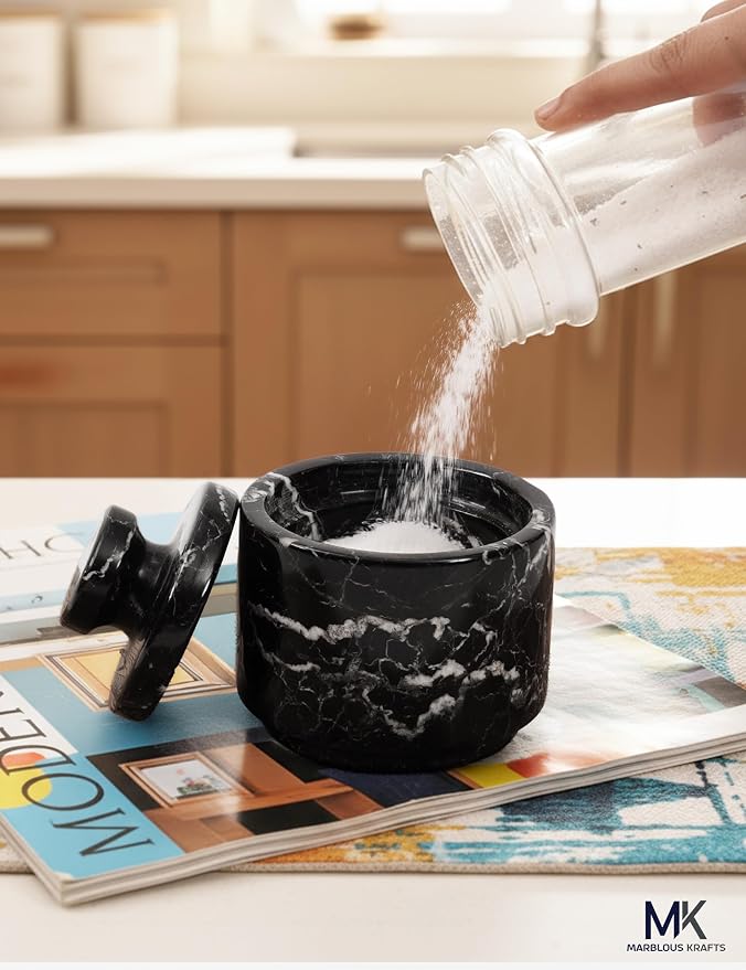 MARBLOUS KRAFTS Marble Salt Cellar Set of 2 with Spoon and Lid, 3 Inch Black Zebra Handcrafted Stone Salt Container for Kitchen Countertop, Seasoning Jar, Salt Dish, Fleur de Sel Holder, Gift Set - Image 7