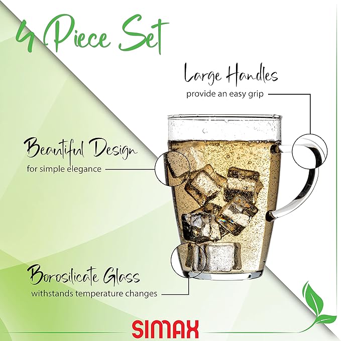 Simax Glass Coffee Mugs Set of 4 - 13.5 Oz Borosilicate Mugs for Hot Beverages, Tea, With Handles - Clear