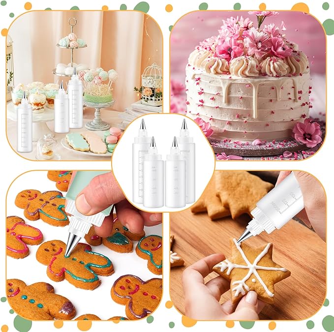 4 Pcs Plastic Squeeze Bottles for Cookie Icing Bottle Decorating Supplies Squeezing Applicator Writer for Food Coloring Frosting Pancake Arts (4 oz & 8 oz)
