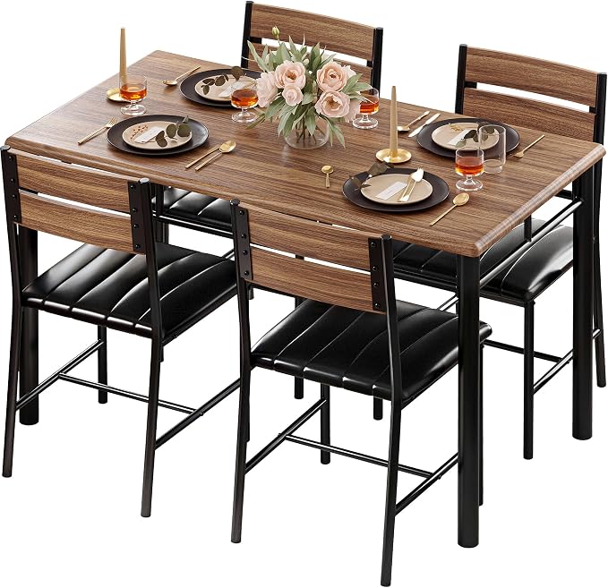 IRONCK Dining Table Set for 4, Walnut | Wood Kitchen Table with Upholstered Chairs for Kitchen Room and Small Spaces by IRONCK