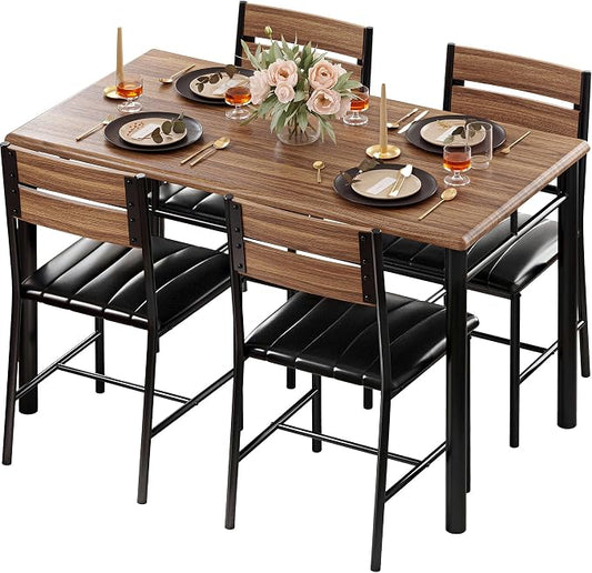 IRONCK Dining Table Set for 4, Walnut | Wood Kitchen Table with Upholstered Chairs for Kitchen Room and Small Spaces by IRONCK