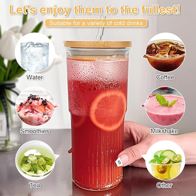 32oz Ribbed Glassware Large Cup, Glass Cups With Lids And Straws,Iced Coffee Cups With Lids,Glasses Drinking Set,Cute Cups,Boba Cup,With Straw Brush,Ideal Gift - Image 3