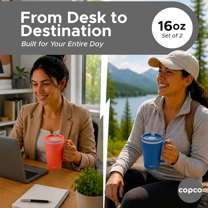 Copco Cone Desk Mugs, 16 Oz - Coral Red & Blue, Set of 2 | Double Wall Insulated Mugs with Twist Lids, Spill Resistant Drinkware with Handles for Home Office, Work, Tea & Beverages - Image 7