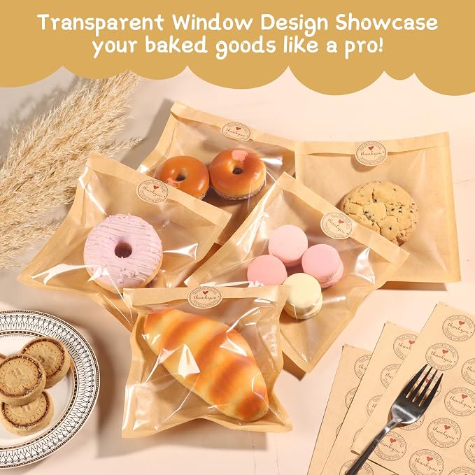 SUREHOME Cookie Bags Small Brown Paper Bags with Window 100 Pcs Thank You Stickers 5.7 x 6.5 Inch Individual Heat Sealable Kraft Bakery Bags for Gift Giving, Treats, Snacks, Baked Goods Packaging - Image 4