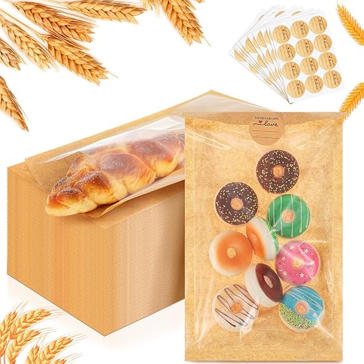 Outus 100 Pcs Cookie Packaging Bags with Seal, 6 x 10 Inch Bakery Pastry Bags with Window, Heat Sealable Grease Resistant Paper to Go Bake Sleeves for Gift Giving Donut Bread Sandwich (Brown) by Outus
