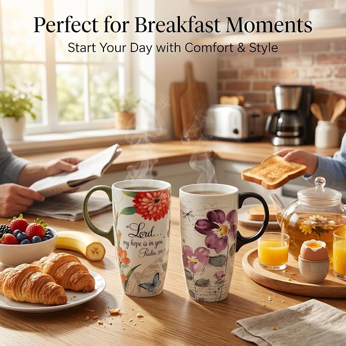 Topadorn 2 Pack Ceramic Travel Mugs with Lids, 17oz Christian Coffee Mug | Coffee Mug Set with Bible Verse & Floral Design, Microwave & Dishwasher Safe Gift Set - Image 3
