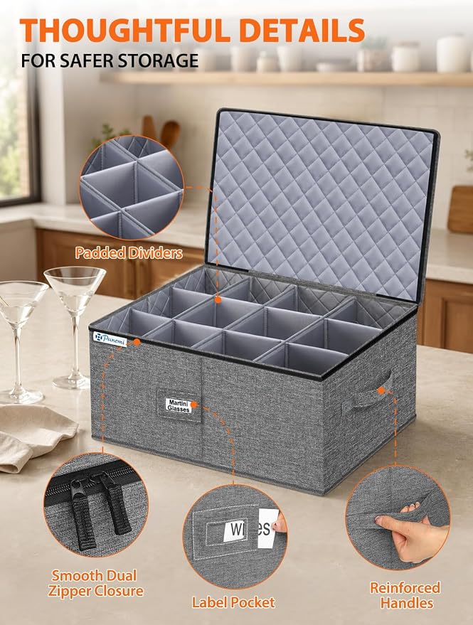 Wine Glass Storage Box for Martini, 5" Wide Cell Hard Shell China Storage Containers with Dividers, Stackable Stemware Storage Holder for Glassware, Margarita, Goblets & Brandy Snifters, Grey - Image 6
