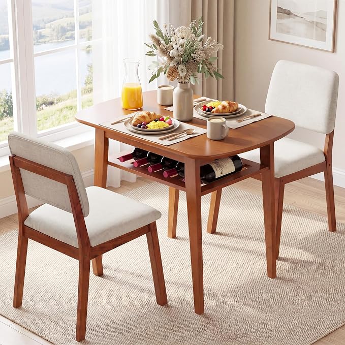 Giantex Dining Table Set for 2, Space Saving Kitchen Table and Chairs Set w/Rubber Wood Frame, Storage Rack, Padded Seats & Backrests, Dinette Set for Small Space, Apartment, Dining Room, Walnut - Image 9
