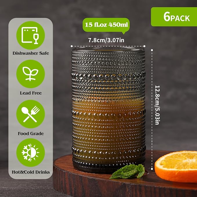 Moretoes 15oz Gray Hobnail Drinking Glasses Set of 6 | Vintage Highball Glass Cups, Kitchen Drinkware Glassware for Beer,Cocktail,Whiskey,Juice and Various Mixed Drinks - Image 3