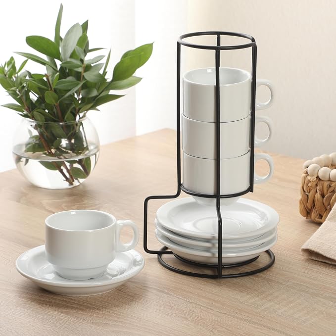 Gibson Home Gracious Dining 3-Ounce Espresso Cups Set of 4, Small Stackable Coffee Cups with 4 Saucers, Metal Stand, Ceramic Demitasse Mugs, Espresso Accessories for Machine - Image 3