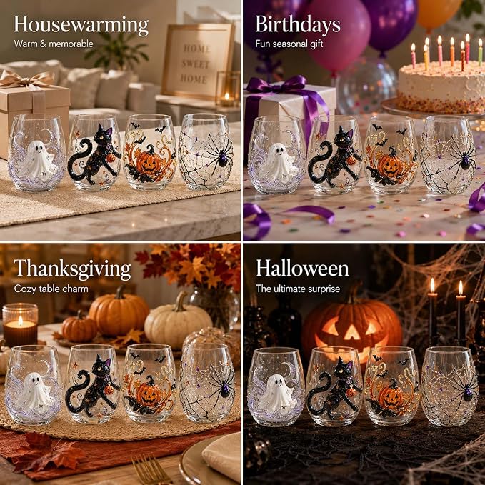 Halloween Ghost Stemless Wine Glass, 3D Raised Pumpkin Black Cat Spider Design Glassware Collection, Novelty Spooky Drinking Glasses for Cocktails, Halloween Party Decor Home Bar Gift，Ghost Edition - Image 6