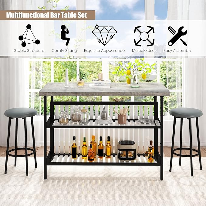 AWQM Kitchen Island with Seating & Storage Shelf, Modern Bar Table and Chairs Set for 2, Wooden Island Table for Kitchen, Dining Table Set for Small Space, Grey - Image 6