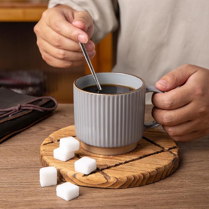 GBhome 15 OZ Stackable Coffee Mugs Set of 4, Ceramic Coffee Cups Set | 4 Assorted Designs, Embossed Mugs with Texture Patterns for Tea/Coffee, Dishwasher&Microwave Safe, Gray - Image 5