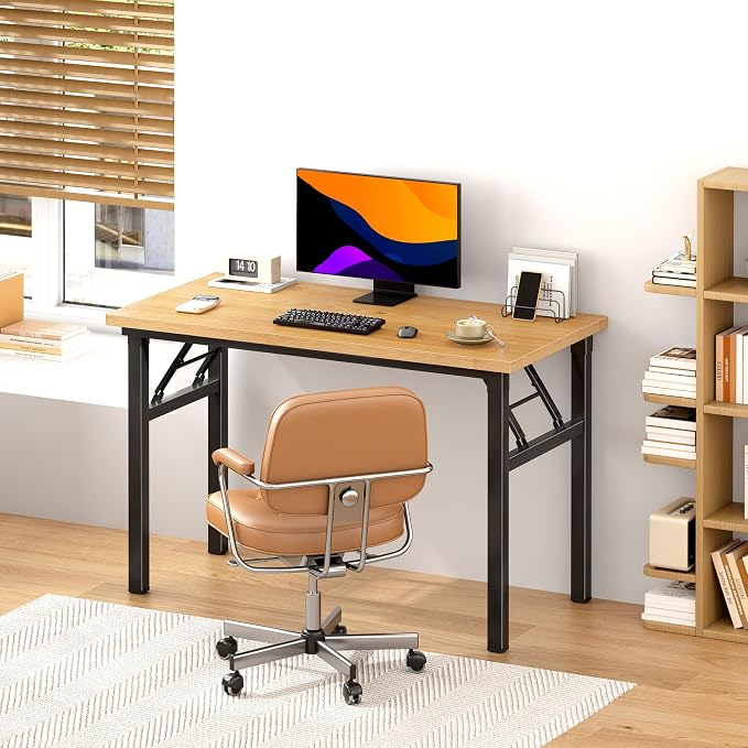 DlandHome 39.4 Inch Small Folding Computer Desk for Home Office, Teak Black | Foldable Writing Table for Small Spaces Bedroom, No Assembly Required, Wood Top Metal Frame, Collapsible Compact Easy Storage - Image 5