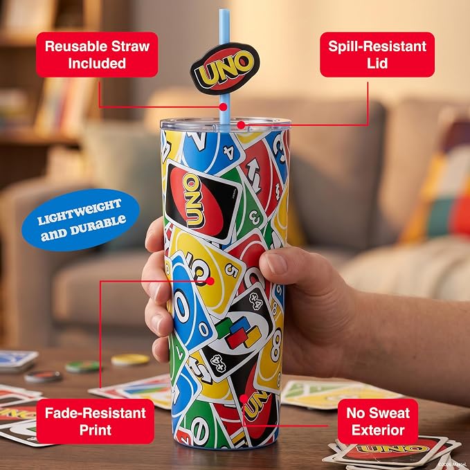 Dragon Glassware x UNO Stainless Steel Tumbler with Straws, 24 oz 2-Pack | Vacuum Insulated Stainless Steel Tumbler with Straws & Lids; Double Walled Tumbler with Straw Topper; Official UNO Merch - Image 4