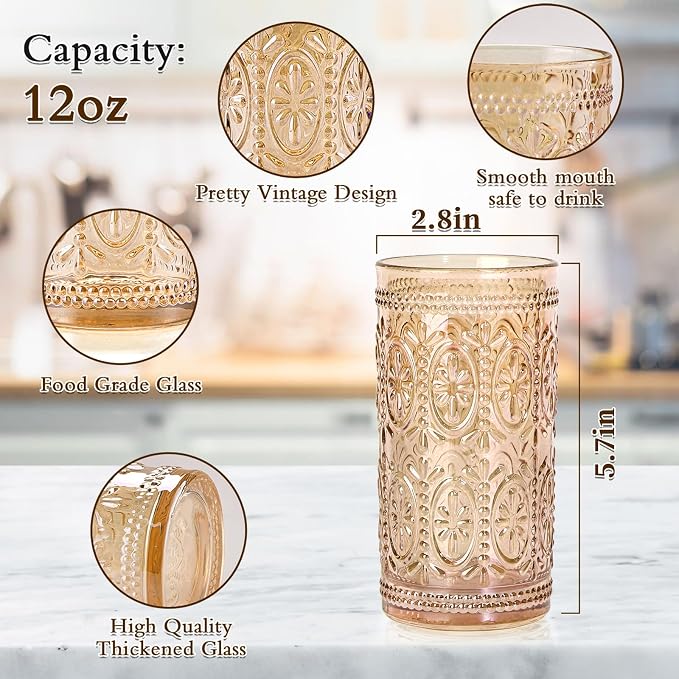abrwyy Amber Drinking Glasses, Vintage Glassware, 12oz Highball Glasses | Lead-Free Glass, Thick&Durable Glass, Home Decoration, Food Grade Glass - Image 2