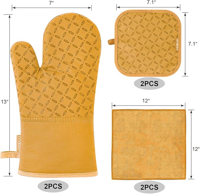 KEGOUU Oven Mitts and Pot Holders 6pcs Set, Kitchen Oven Glove High Heat Resistant 500 Degree Extra Long Oven Mitts and Potholder with Non-Slip Silicone Surface for Cooking （Orange） - Image 2