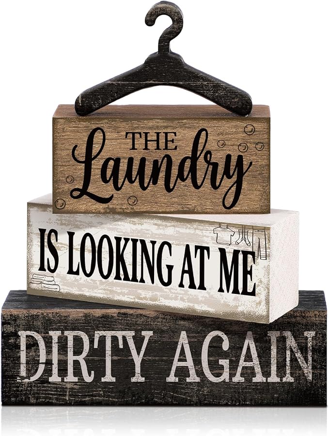 Moucuny 4 Pcs Farmhouse Laundry Room Decor and Accessories Stacked Blocks The Laundry Is Looking at Me Dirty Again Wooden Signs with Vintage Hanger - Rustic Farmhouse Sign for Home Bathroom Shelf Gift by Moucuny