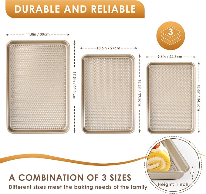 Baking Sheet Pan Set of 3, Nonstick Carbon Steel Cookie Sheets with Texture | Commercial Half/Quarter/Jelly Roll Pans Replacement Toaster Oven Tray, Heavy Duty & Easy Clean - Image 2