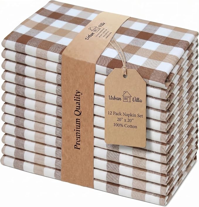Urban Villa Cloth Napkins Cotton 20x20 (Set of 12) Taupe/Chocolate by CottonTrends
