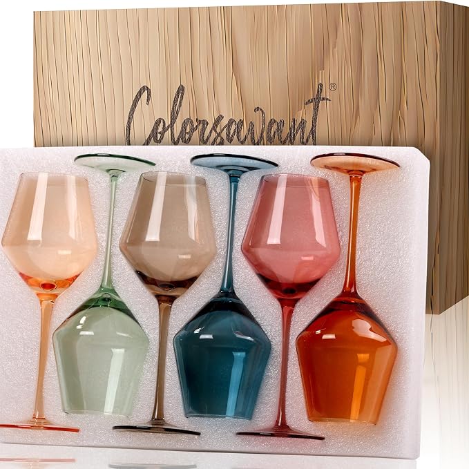 Colored Wine Glasses Set of 6 | 16OZ Colorful Wine Glass with Stem【HandBlown】Muted Wine Glasses Colored Set,Wine Gifts for Home Party by Colorsavant