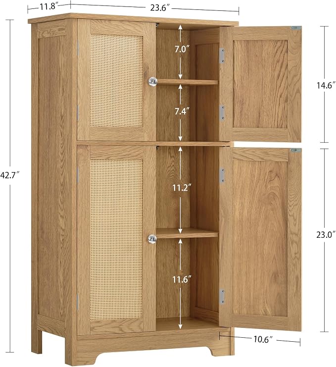 TEENFON Storage Cabinet, Rattan Cabinets with 2 Adjustable Shelves & 4 Doors, Bathroom Cabinet, Cupboard, Floor Cabinets for Living Room, Entryway, Kitchen, Home Office, Natural - Image 3