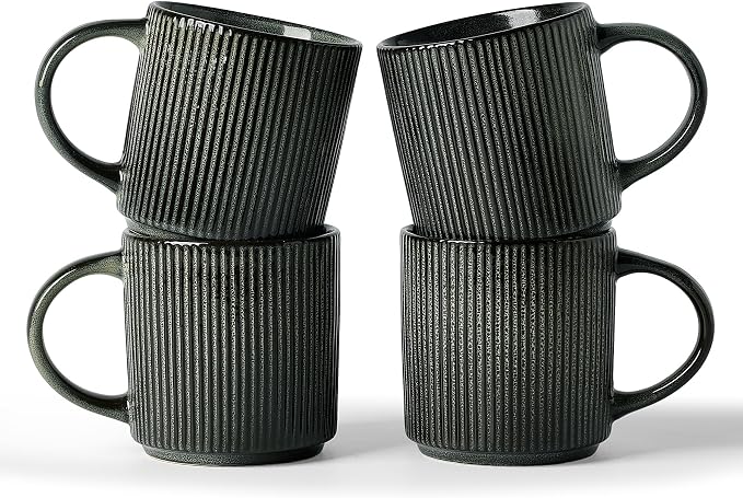 famiware Coffee Mug Set for 4, Star 12 oz Catering Mugs Cup Set with Handle for Coffee, Tea, Cocoa, Milk - Ceramic Stoneware Drinkware Set, Deep Forest by Famiware