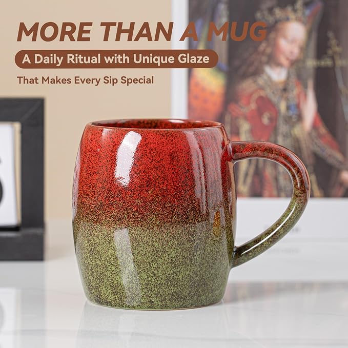 Handmade 22oz Ceramic Coffee Mug, Ergonomic Large Handle, Ideal Gift for Coffee Lovers, Microwave & Dishwasher Safe (Minute-Red&Green) - Image 6
