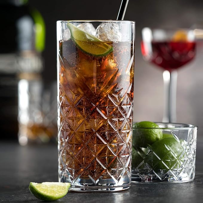 Utopia Timeless Vintage Long Drink Glasses 12.75oz / 370ml - Case of 12 | Heavily weighted base prevents tipping while the vintage cut-glass pattern hides fingerprints during busy bar service. - Image 2
