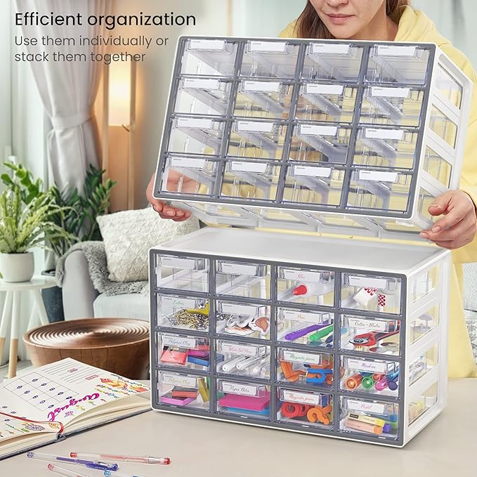 Arteza 16 Drawer Organizer and Storage Cabinet – Clear Plastic, Stackable Drawers for Makeup, Crafts, Sewing, Office Supplies, Small Parts & Tools.