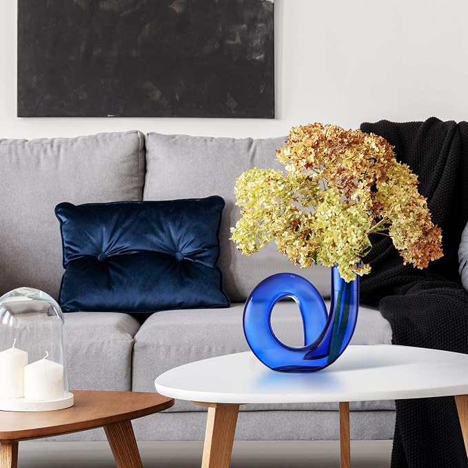 Joeyan Handmade Small Blue Glass Flower Vase,Decorative Geometric Glass Bud Vase for Modern Home Centerpieces Living Room Office,4.72" Abstract Vase for Single Flower and Dry Flowers - Image 6