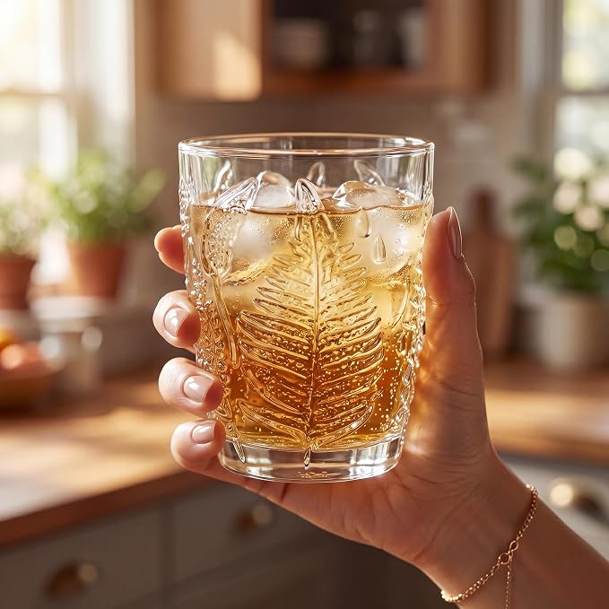 Clear Drinking Glasses Set of 4, 10 oz Glass Cups, Vintage Fern Glassware | Hand-Pressed, Dishwasher Safe, Boho Leaf-Textured Drinkware, Decorative Embossed Lowball Tumblers for Water, Retro Kitchen - Image 4
