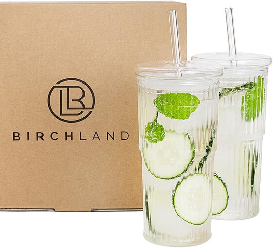All Glass Iced Coffee Cup with Lid and Straw, Ribbed Glass Tumbler Set of 2 (18 oz)