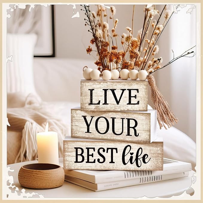 Moucuny 4 Pcs Farmhouse Table Decor Inspirational Wooden Signs Rustic Beaded Wooden Block Gift Sign Live Your Best Life Farmhouse Table Centerpiece for Living Room Housewarming Gift - Image 6