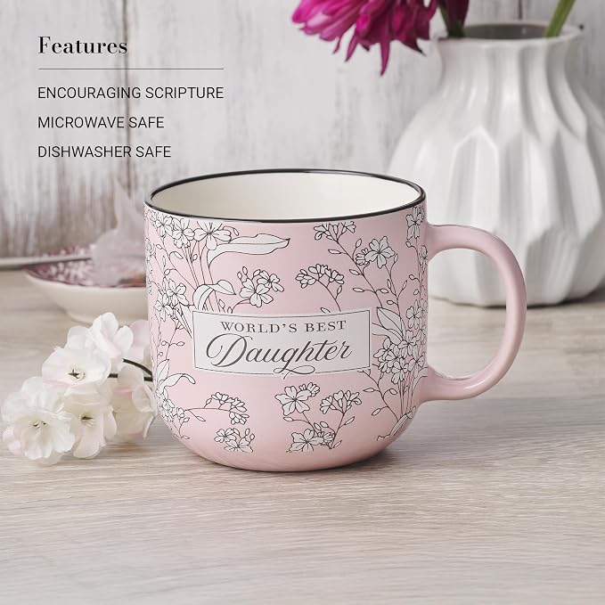 Christian Art Gifts Large Dishwasher/Microwave Safe Ceramic Coffee & Tea Mug for Daughters: World's Best Daughter Encouraging Bible Verse, Non-toxic Lead-Free Cup for Women, Pink/White Floral, 14 oz. - Image 3
