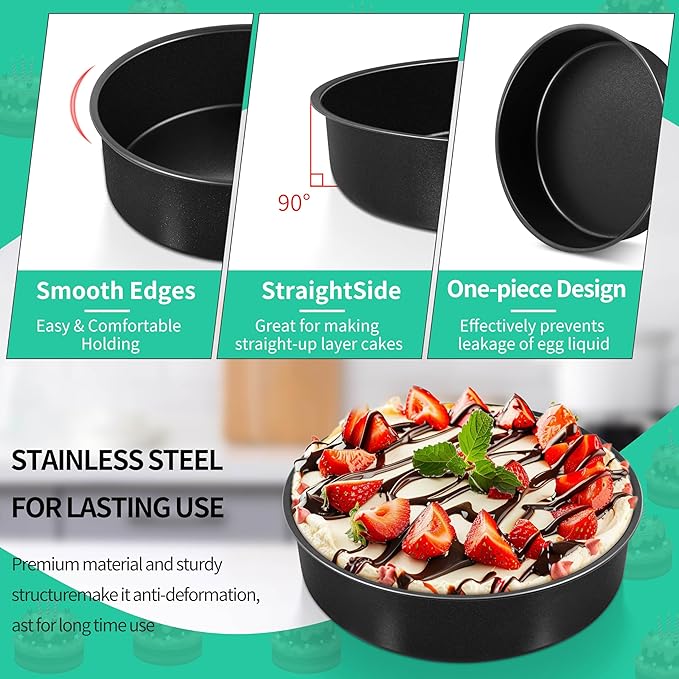 P&P CHEF 8 Inch Cake Pan Set of 3, Non-Stick Round Cake Pans | Round Cake Tins for Tier Smash Cakes, Baking Pans Set & Essential Bakeware, Stainless Steel Core & Leak-Proof - Image 3