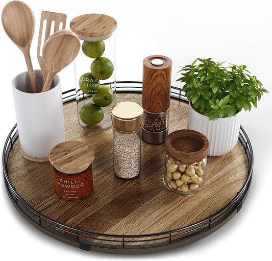 Acacia Wood 16" Lazy Susan Turntable Organizer for Table Top, Farmhouse Large Round Lazy Susan for Cabinet Kitchen Centerpieces Dining Table, for Condiments Charcuterie, Bathroom Vanity Tray Decor by HGF