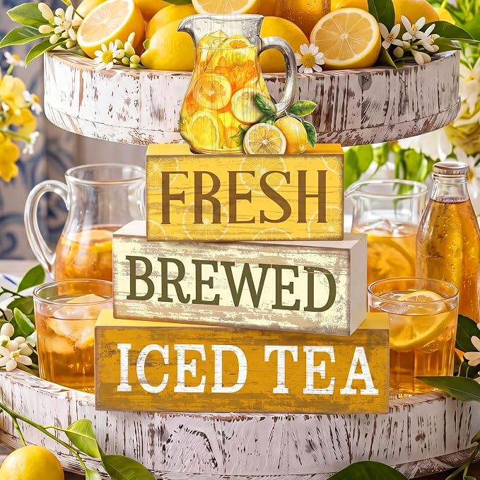 Moucuny 4 Pcs Summer Lemon Decor Summer Table Decorations Fresh Brewed Iced Tea Wooden Stacked Block Decor Rustic Summertime Tiered Tray Decoration for Kitchen Counter, Coffee Bar, Dining Table - Image 7