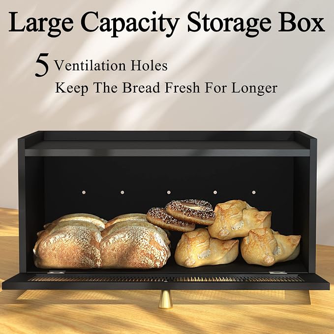 ETMI Black Bread Box for Kitchen Countertop - Modern bamboo Bread box with Window Bread Storage Container - Image 3