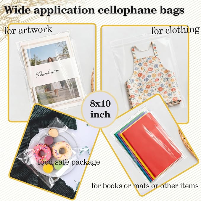 100 pcs Clear 8" x 10"(19.8*25 cm) Self Seal Cello Cellophane Bags Resealable Poly Bags 1.4 mils OPP Plastic Sleeves ,Clear bags for packaging Photos,Mats, Treats, T Shirts, Party Favors, Gifts - Image 8