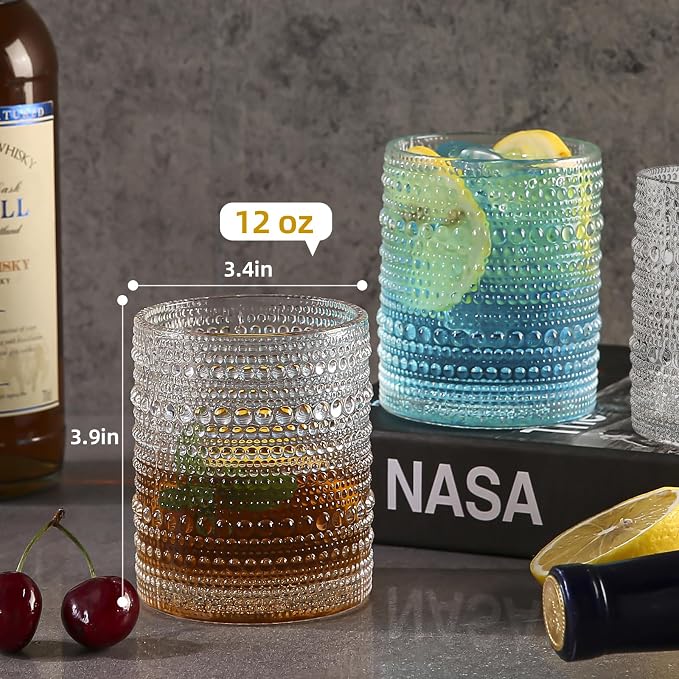 Amyoole Hobnail Drinking Glasses Set of 6,12oz Bar Tumbler Glassware | Clear, Vintage Glassware Embossed Water Tumbler, Cocktail Glass and Kitchen Glass Cups, For Beer, Whiskey, Juice, Milk - Image 2