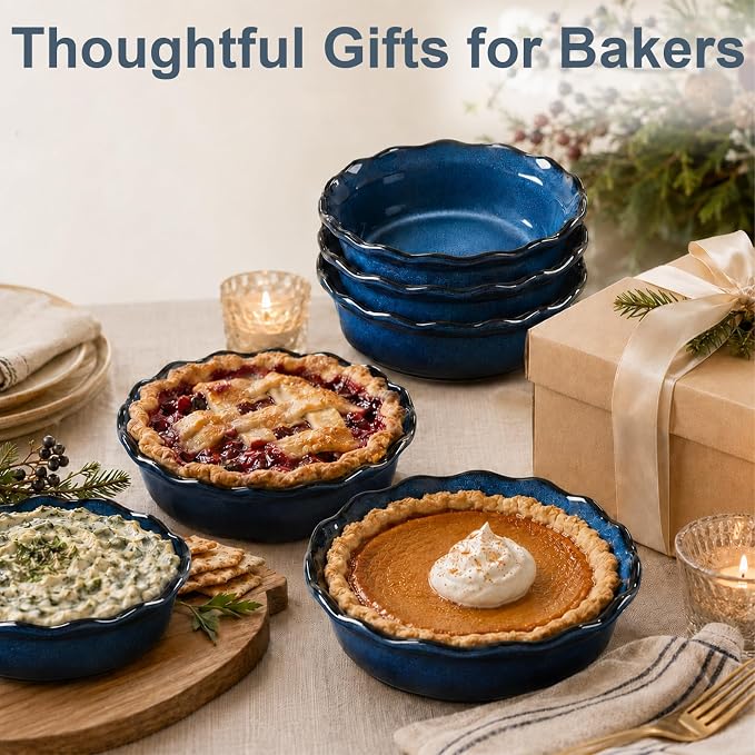 ONEMORE 6 Inch Ceramic Mini Pie Pans Set of 4, Deep Dish Pie Plates with Fluted Edges, Blue Gradient Small Baking Dishes for Pot Pies, Quiche, Tarts and Individual Desserts, Oven Safe - Image 9