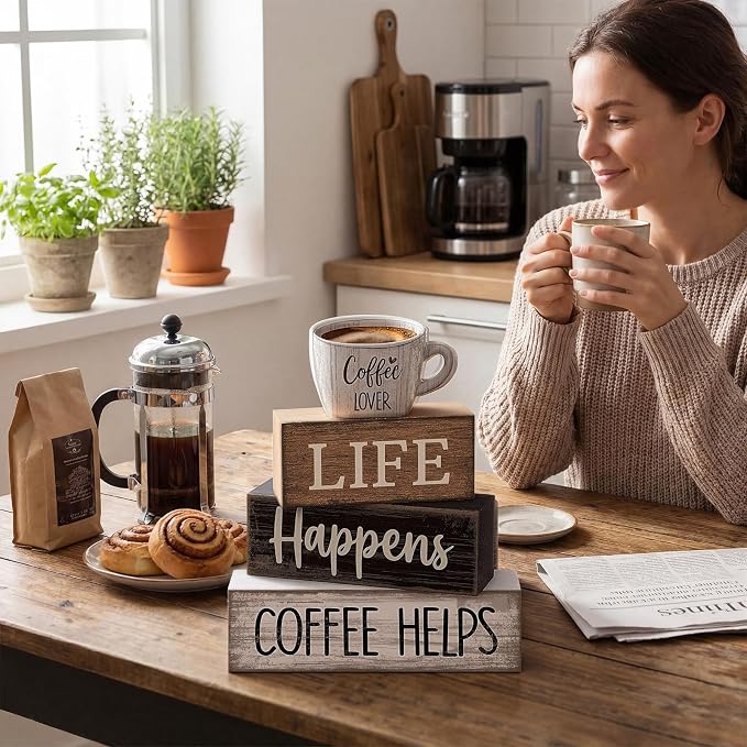 Moucuny 4 Pcs Farmhouse Coffee Bar Table Decor Vintage Wooden Stacked Block Sign - 'life Happens Coffee Helps' Table Centerpiece Rustic Wood Bar Sign Gift for Home Kitchen Shelf Tiered Tray Decor - Image 4