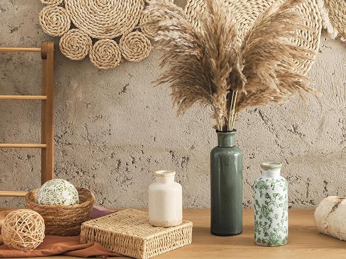 Vintage Vase Set of 3, Ceramic Vintage Flower Vases, Chinoiserie Decorative Home Decor Retro Floral Vase Rustic Farmhouse Decor for Table Bookshelf Mantel Kitchen Living Room Office - Green and Beige - Image 9