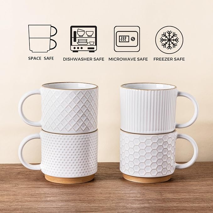 GBHOME 12OZ Stackable Coffee Mugs, Ceramic Coffee Mugs with Texture Patterns for Man,Woman,Dad,Mom, Modern Coffee Mugs Set of 4 for Latte/Cappuccino/Cocoa. Dishwasher&Microwave Safe, Off White | 4 Assorted Designs, Embossed Mugs with Texture Patterns f... - Image 7
