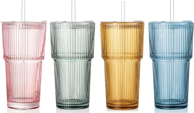 4PCS Colored Ribbed Glass Cups with Lids and Straws, 20oz Vintage Drinking Glasses, Aesthetic Iced Coffee Cups, Glass Tumbler for Boba, Beer, Tea, Cocktails, Ribbed Glassware Set,Colored by SIPBYSOP