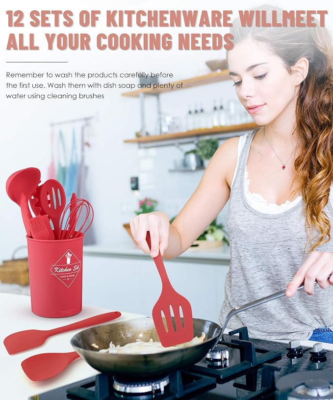 Pranski Kitchen Utensils Set-12 Pieces Silicone Cooking Utensils Set (Dishwasher Safe) 392°F Heat Resistant Spatula Set, Nonstick Cookware | Dishwasher Safe 392°F Heat Resistant Spatula Set Kitchen Utensil Set for Nonstick Cookware,Best Kitchen Tools w... - Image 7